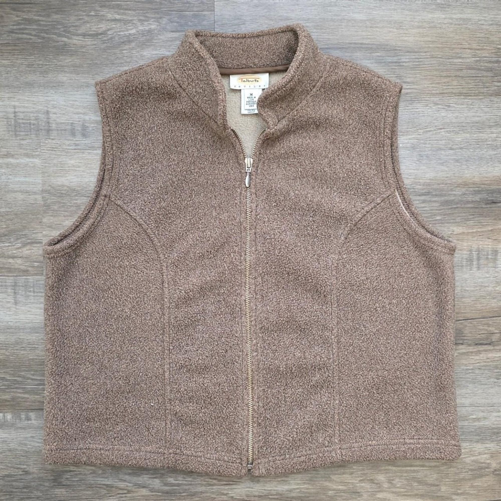 Vintage Talbots Brown Full Zip Fleece Vest Womens Medium Petite Heathered Taupe